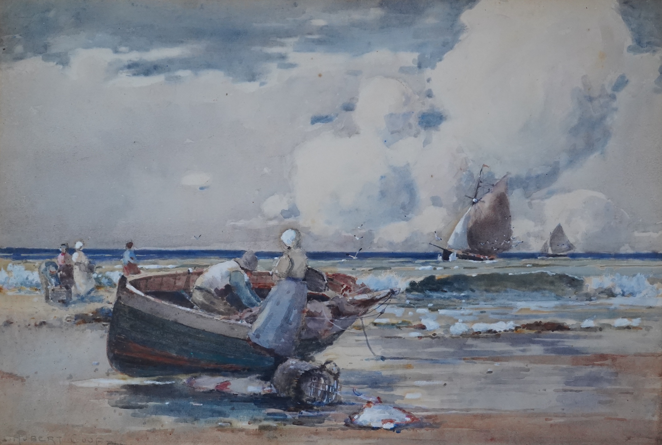 Hubert Coop (1872-1953), watercolour, ‘Bringing in The Catch’, signed, 36 x 55cm, ornate gilt framed